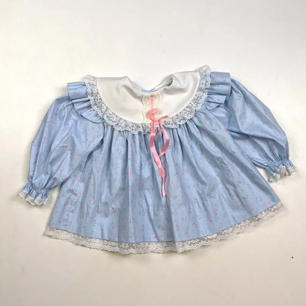 Vintage Bryan Dress Baby Girls Sz 12m Blue Floral Dainty Frilly Spring 80s